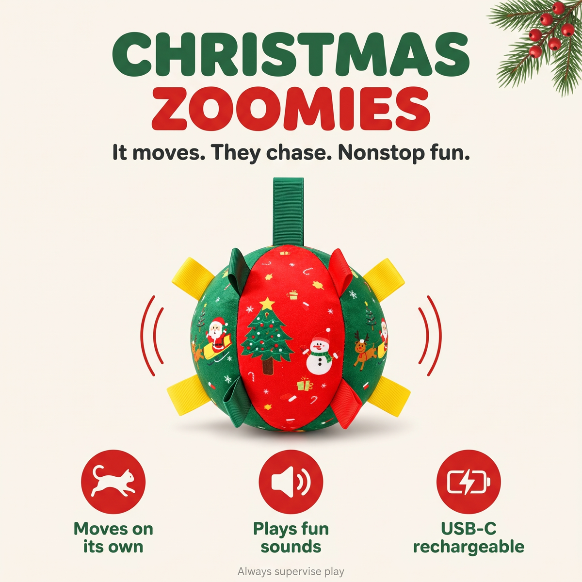 SantaClaws Christmas cat ball that moves on its own, plays fun sounds and is USB-C rechargeable